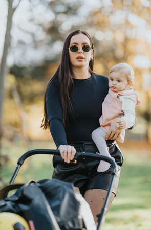 Mother in black outfit with baby in arms pushes stroller through autumn park