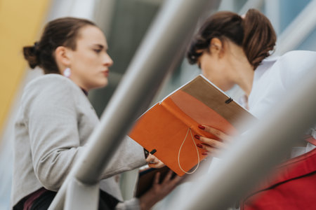Two businesswomen conferring outside an office with an orange notebook.の写真素材