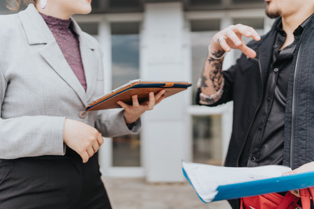 Two colleagues discussing work while sharing documents outdoorsの写真素材