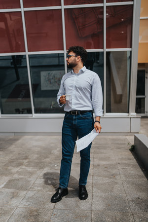 Confident man standing outside holding papers and a cup of coffeeの写真素材