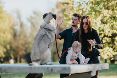 Family with dog and baby in autumn park enjoying a joyful outdoor moment together