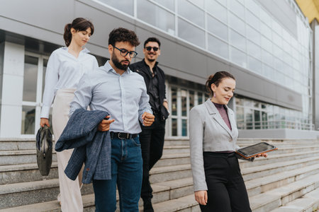 Group of colleagues walking outdoors after a meeting at a modern office buildingの写真素材