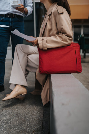 Seated Woman with Red Bag Having a Discussion Over Workplace Papers Outdoorsの写真素材