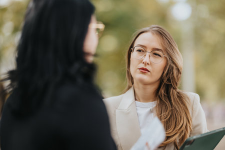 Professional woman in blazer outdoors discusses documents with colleague in a park settingの写真素材