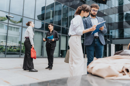 Collaborating business people outdoors near a modern office buildingの写真素材