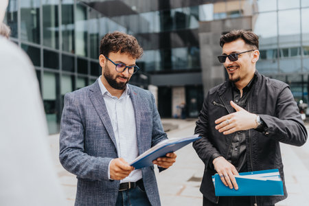Two business colleagues discussing paperwork outside a modern office buildingの写真素材