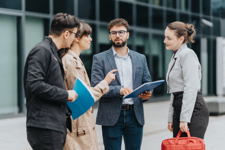 Group of business colleagues discussing ideas outdoors near an office building
