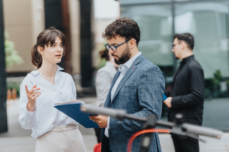 Business professionals discussing work outdoors in a corporate urban settingの写真素材