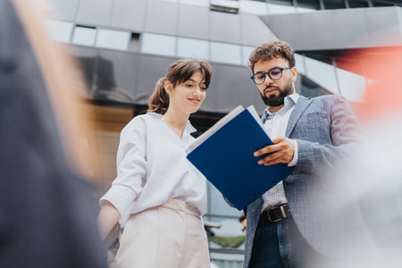 Two business colleagues collaborating on paperwork outside a modern office building
