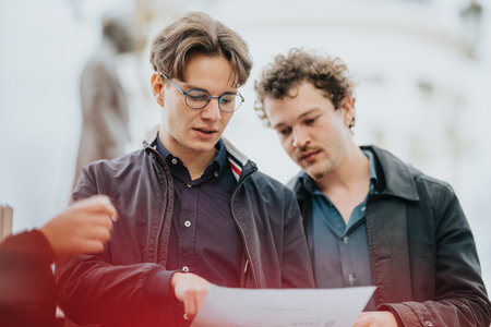Two young business associates review documents outdoors during a casual professional momentの写真素材
