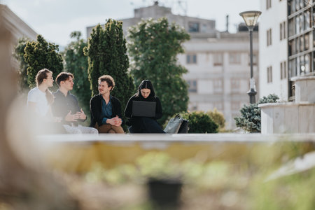 Young professionals share ideas during an outdoor meeting in a sunny urban park with a laptop