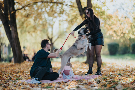 Family in autumn park with dog and baby on blanket enjoying a sunny day outdoors