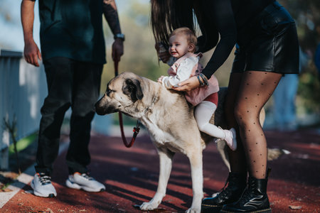 Family enjoying a playful moment with baby and dog on an outdoor track
