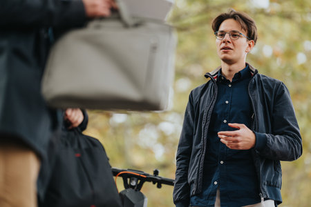 Young business associate speaks outdoors in a park, with bike nearby and casual professional vibeの写真素材
