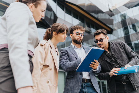 Team discussing strategy outdoors in a modern corporate settingの写真素材