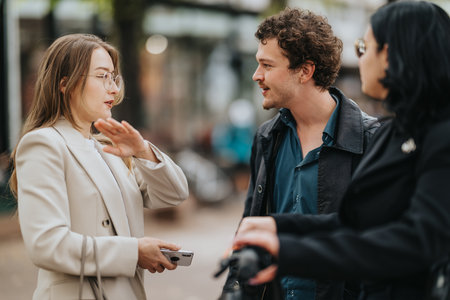 Three friends share a lively conversation outdoors, dressed for business and casual styleの写真素材