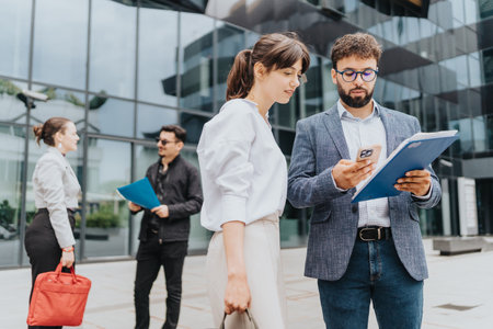 Business team collaborating outdoors with modern building backgroundの写真素材