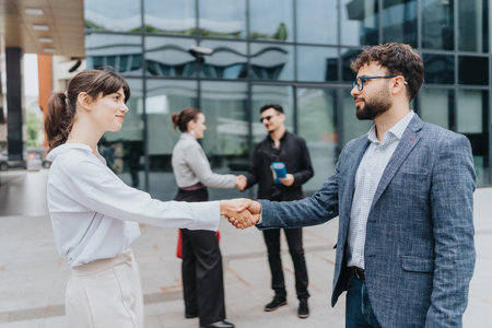 Business colleagues shaking hands outdoors as team members discuss in the backgroundの写真素材