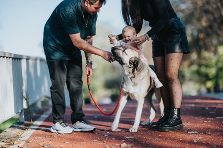 Family enjoys a playful moment with their dog and baby in a sunny park atmosphereの写真素材