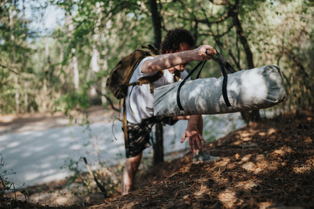Hiker on a forest trail carrying a large duffel bag and backpack during a day trip