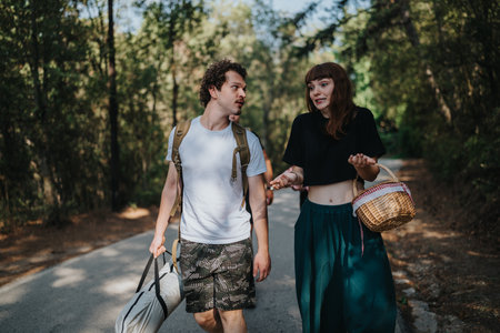 Friends enjoying a day off in nature while walking along a forest path.の写真素材
