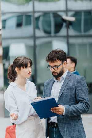 Colleagues discussing work outside an office with documents and a professional demeanorの写真素材