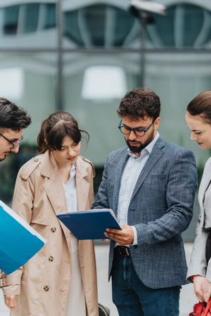 Group discussion among colleagues reviewing documents outside modern corporate buildingの写真素材