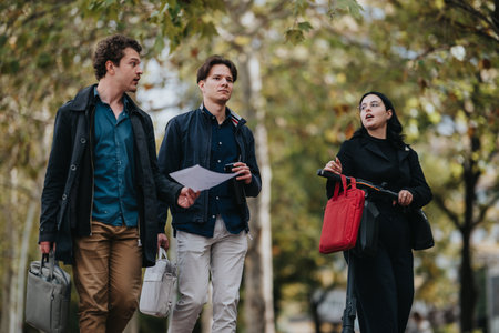 Three young professionals walk outdoors with bags and documents during a casual business outing