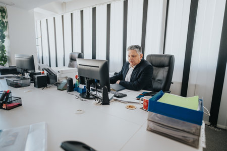 Professional businessman working in a modern office with desktop computersの写真素材