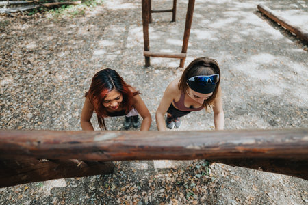 Two friends climb a wooden obstacle during outdoor fitness training togetherの写真素材