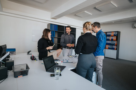 Business team collaborating in a modern office workspaceの写真素材