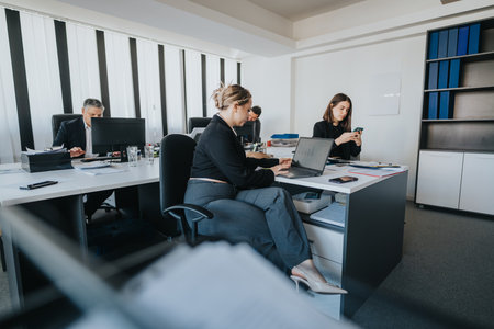 Business professionals collaborating in an open office environmentの写真素材