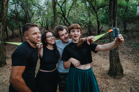 Four friends take a joyful selfie in a forest during an outdoor hangout, capturing a fun momentの写真素材