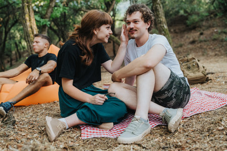 Couple sharing a playful moment on a picnic blanket with friends at a forest parkの写真素材