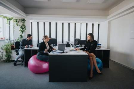 Coworkers collaborating in a modern office environment with an innovative seating approachの写真素材