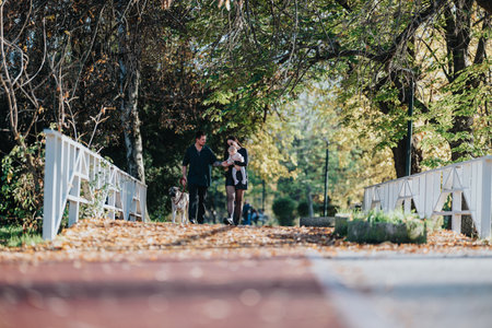 Family walks with dogs in autumn park along a leaf-covered pathの写真素材