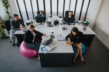 Professional office setup with a business team collaborating in modern workplaceの写真素材