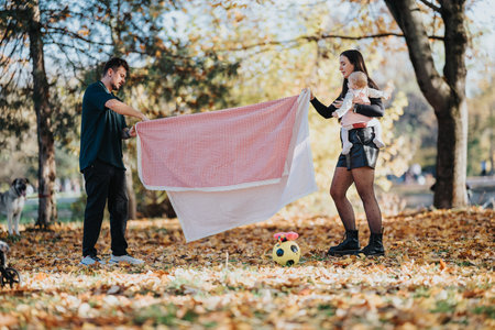 Family in autumn park sharing a blanket as parents play with baby and dog togetherの写真素材