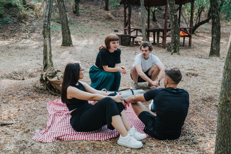 Friends enjoy a day off in nature, sitting on a red checkered blanket in the forest