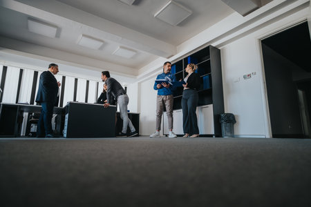 Cooperative business team collaborating in a modern professional office spaceの写真素材