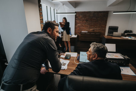Colleagues engaged in a discussion in a modern office settingの写真素材