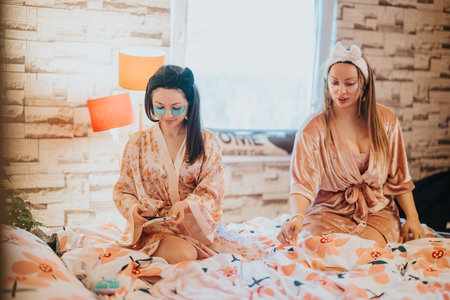 Two friends enjoying a relaxing spa day at home with face masksの写真素材