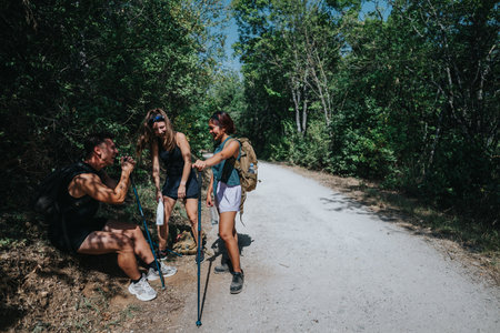 Friends on a sunny hiking trail take a break with trekking poles and backpacksの写真素材
