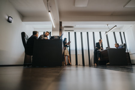 Professional team engaging in collaboration in a modern office settingの写真素材