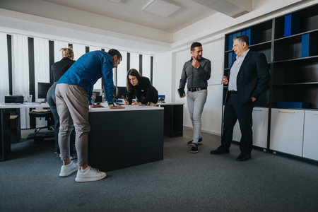 Professional team collaborating in a modern office environmentの写真素材
