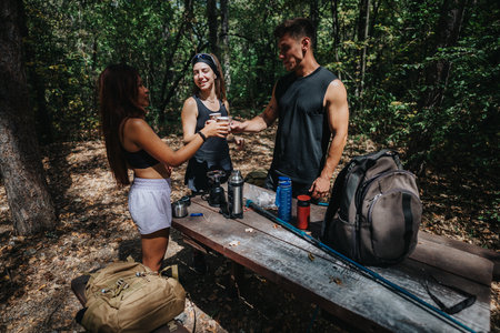 Friends share drinks and smiles at a forest picnic table during a hiking outing with backpacks and outdoor gearの写真素材