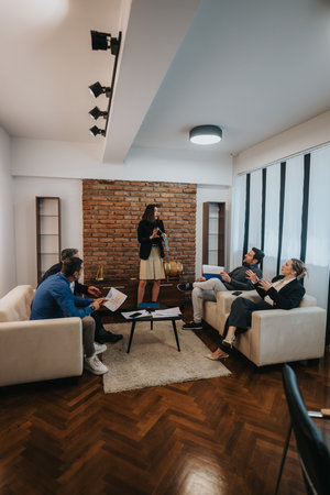 Team brainstorming session in modern office with brick wall and hardwood flooringの写真素材