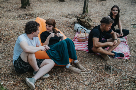Group of friends camping in the woods, sitting on a blanket and orange chair, enjoying conversationの写真素材