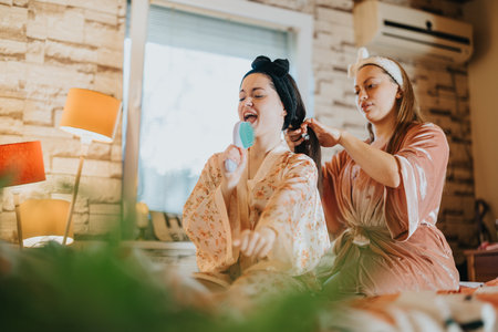 Two women enjoying self-care moments while relaxing in a cozy home settingの写真素材