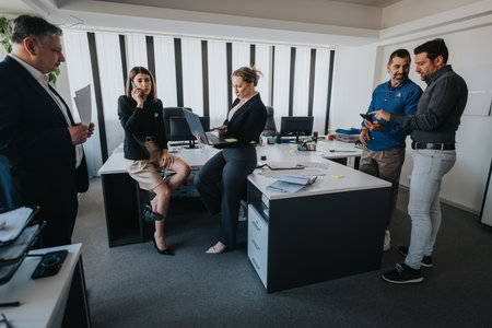 Professional team collaborating in a modern office space during a busy workdayの写真素材